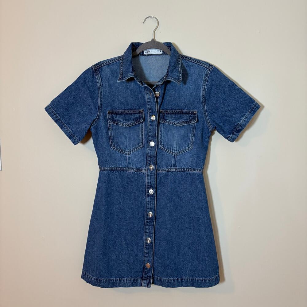 Zara Denim Mini Dress Button Front Fit & Flare Blue Jean Dress Y2K Inspired SZ L